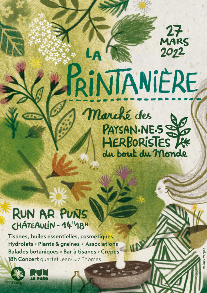 Affiche présentant la printanière des paysannes herboristes du 27 mars 2022 et les informations pratiques